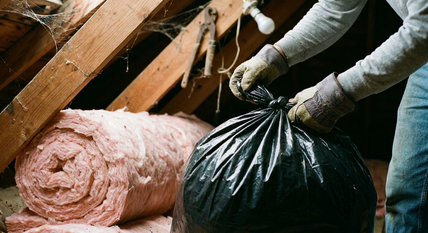 A close-up photo of gloved hands tying a thick black contractor trash bag in an attic near insulation, real photo