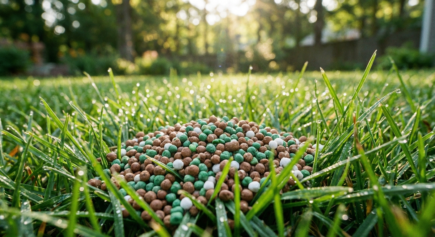A close-up photo of granular lawn fertilizer pellets on green grass blades with a soft-focus backyard in the background, natural light, photorealistic