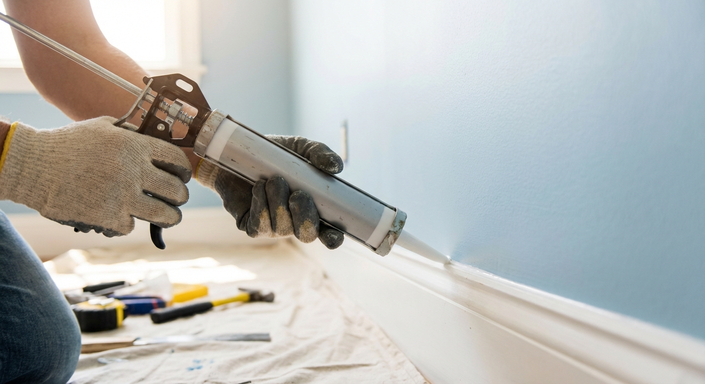 A close-up photo of hands applying white caulk along a baseboard seam on a painted wall using a caulk gun, indoor home improvement setting, photorealistic