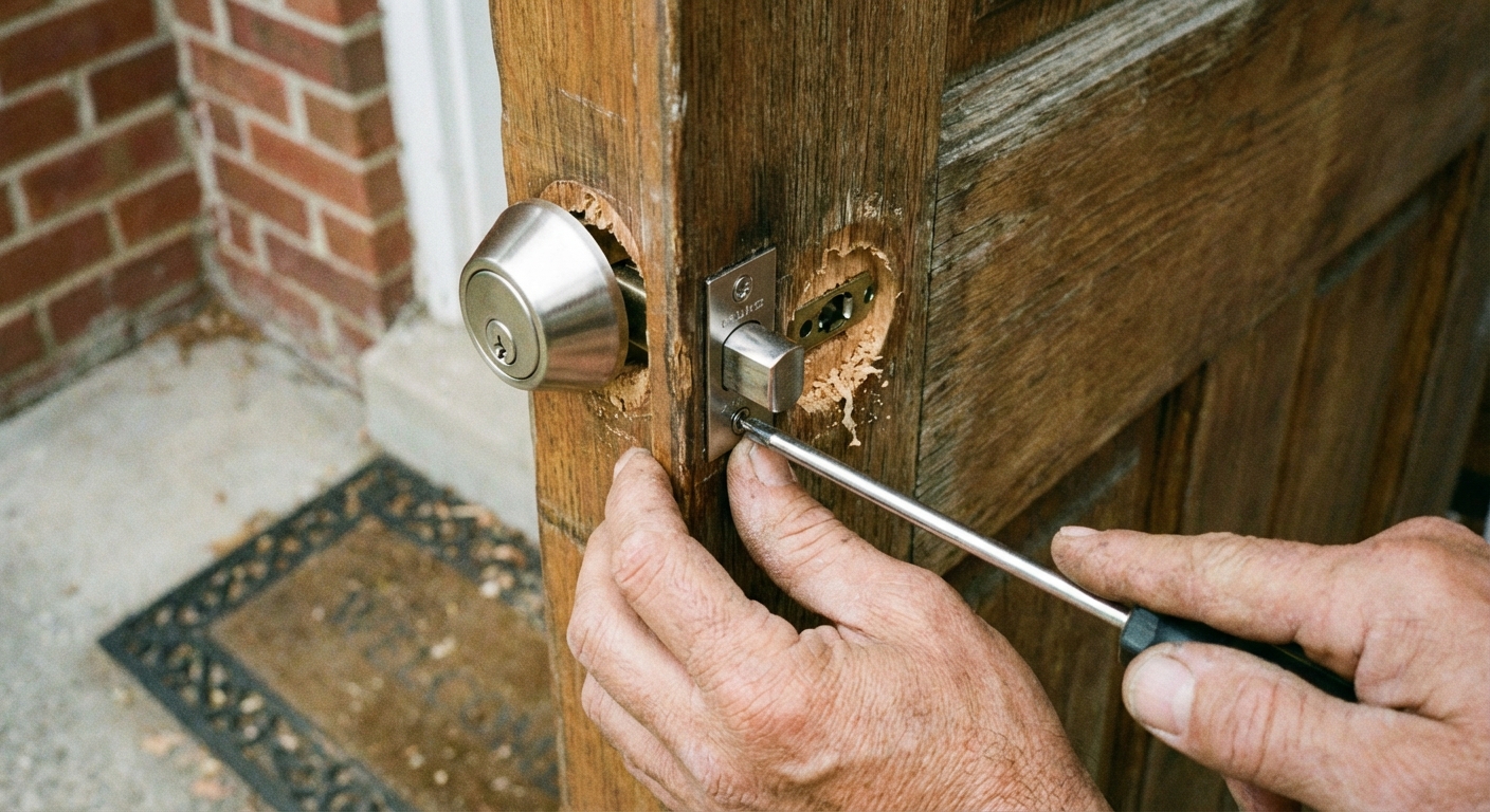 A close-up photo of hands installing a satin nickel deadbolt on an exterior door, with the bolt mechanism partially inserted into the door edge and a screwdriver in use, realistic home entryway