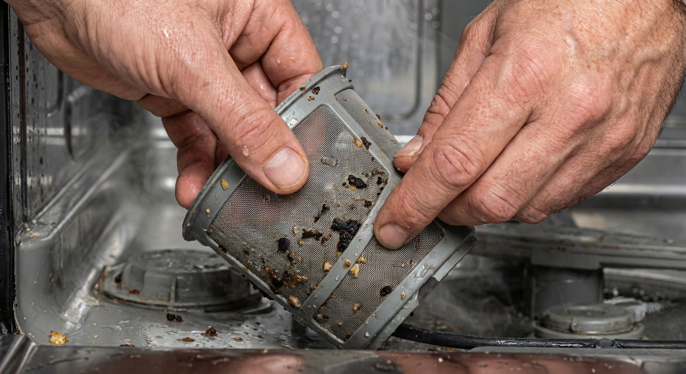A close-up photo of hands lifting a cylindrical dishwasher filter out from the bottom of the tub, with a few food particles visible, photorealistic