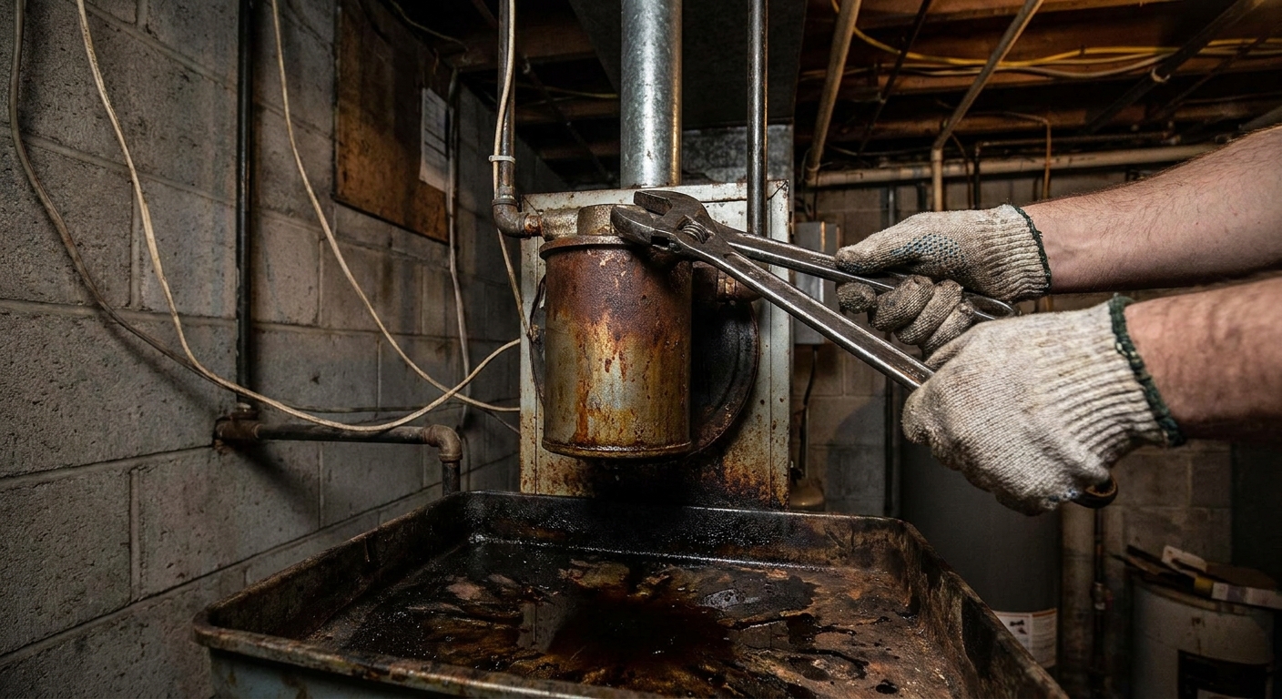 A close-up photo of hands loosening an oil furnace filter canister over a drip pan in a basement mechanical room