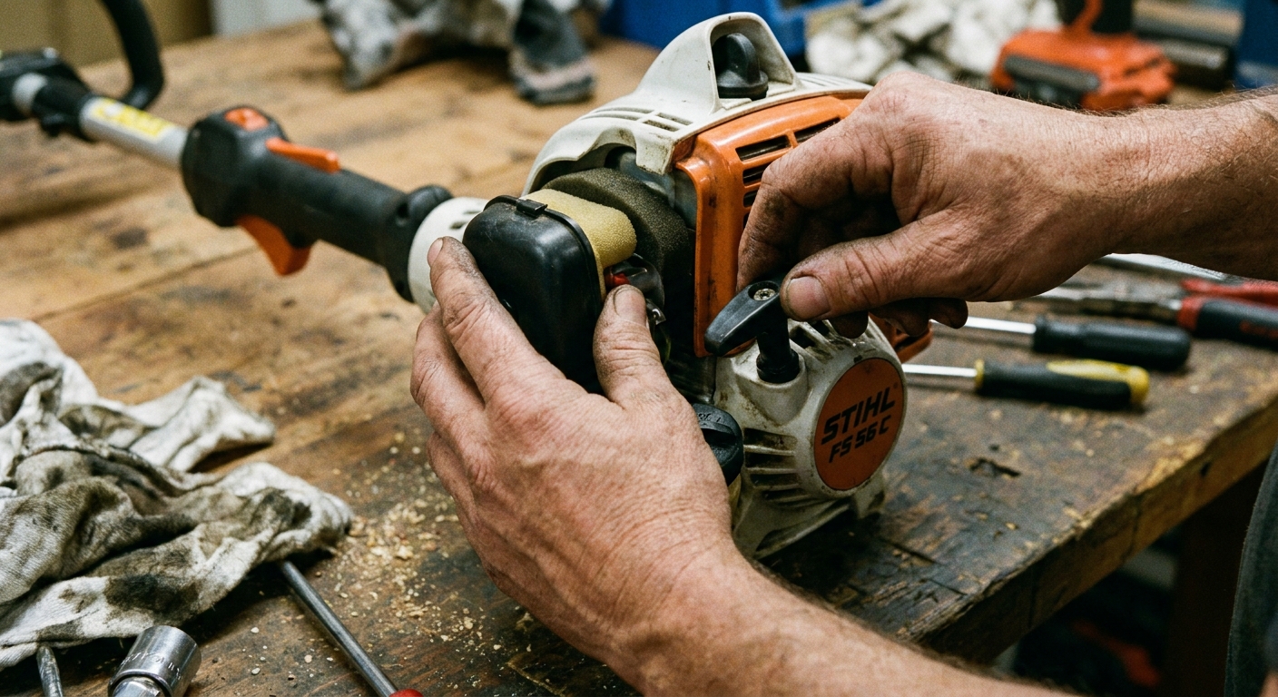 A close-up photo of hands removing the air filter cover from a gas string trimmer on a workbench