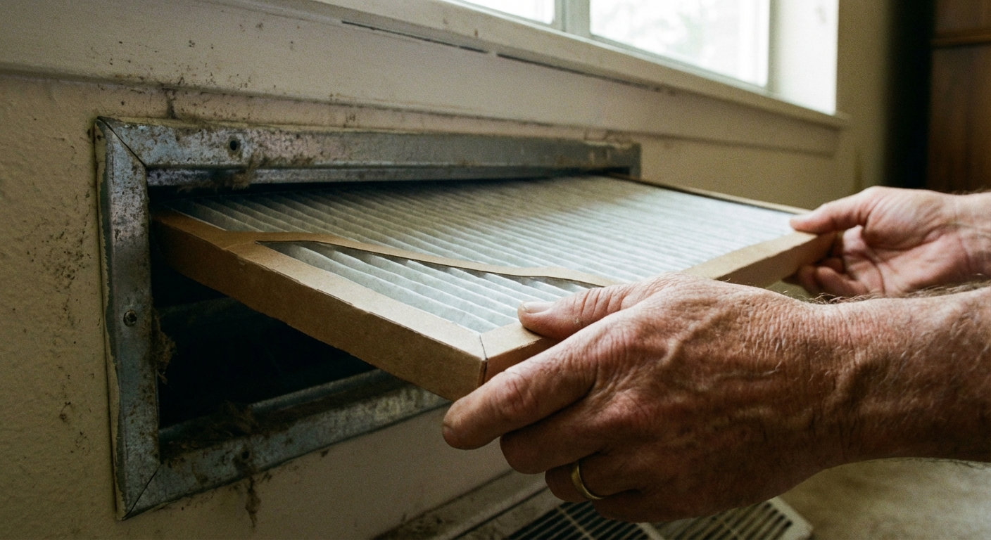 A close-up photo of hands sliding a pleated HVAC air filter into a return vent grille