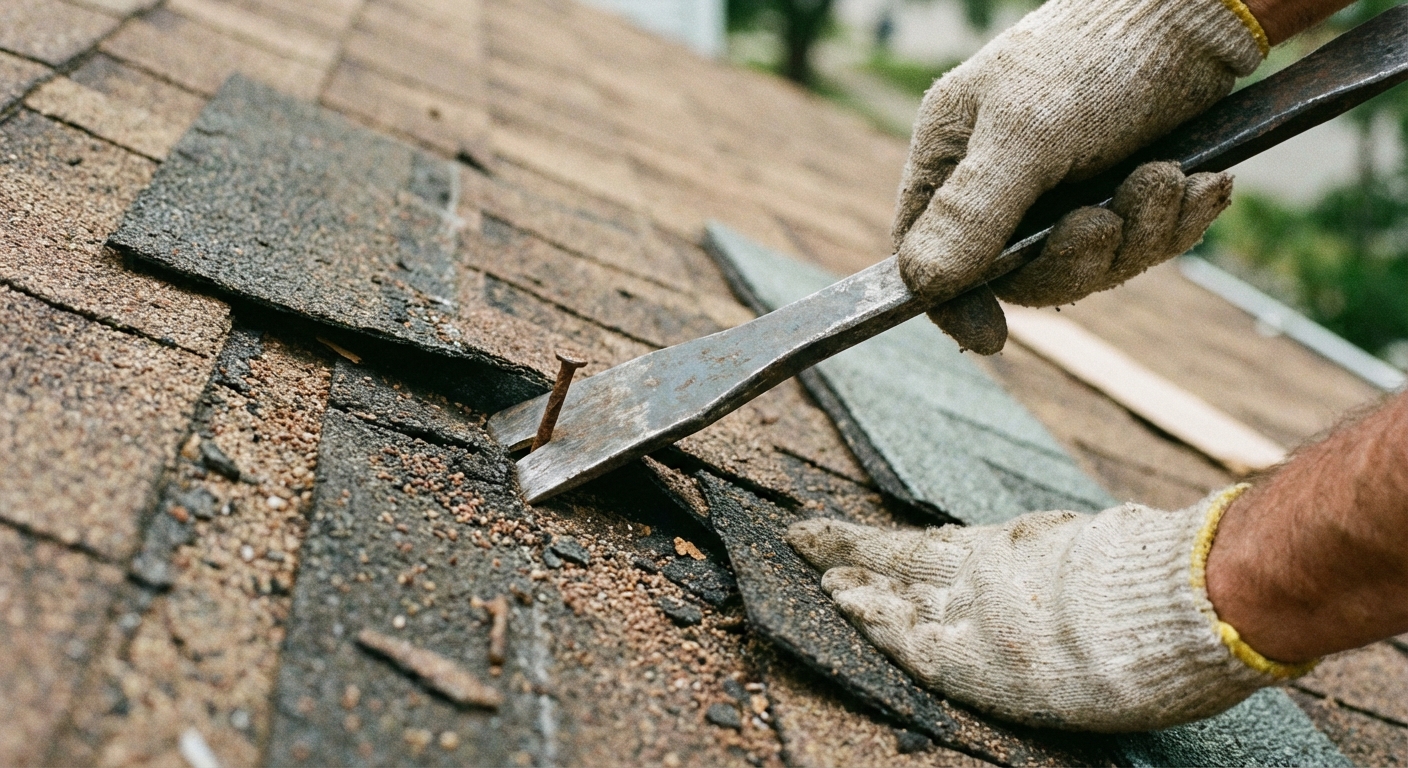 A close-up photo of hands using a flat pry bar to lift asphalt shingles and remove nails while replacing a damaged shingle on a roof