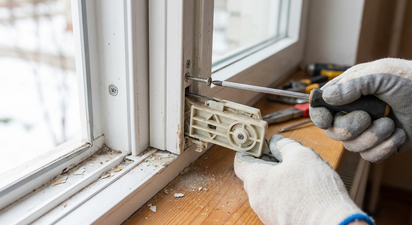 A close-up photo of hands using a screwdriver to remove a block-and-tackle window balance from a vinyl window jamb, indoor daylight, realistic home repair scene
