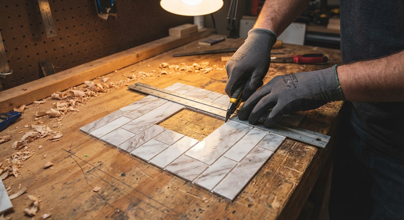 A close-up photo of hands using a utility knife and metal ruler to cut a rectangular opening in a peel-and-stick backsplash tile sheet on a work surface, realistic workshop lighting