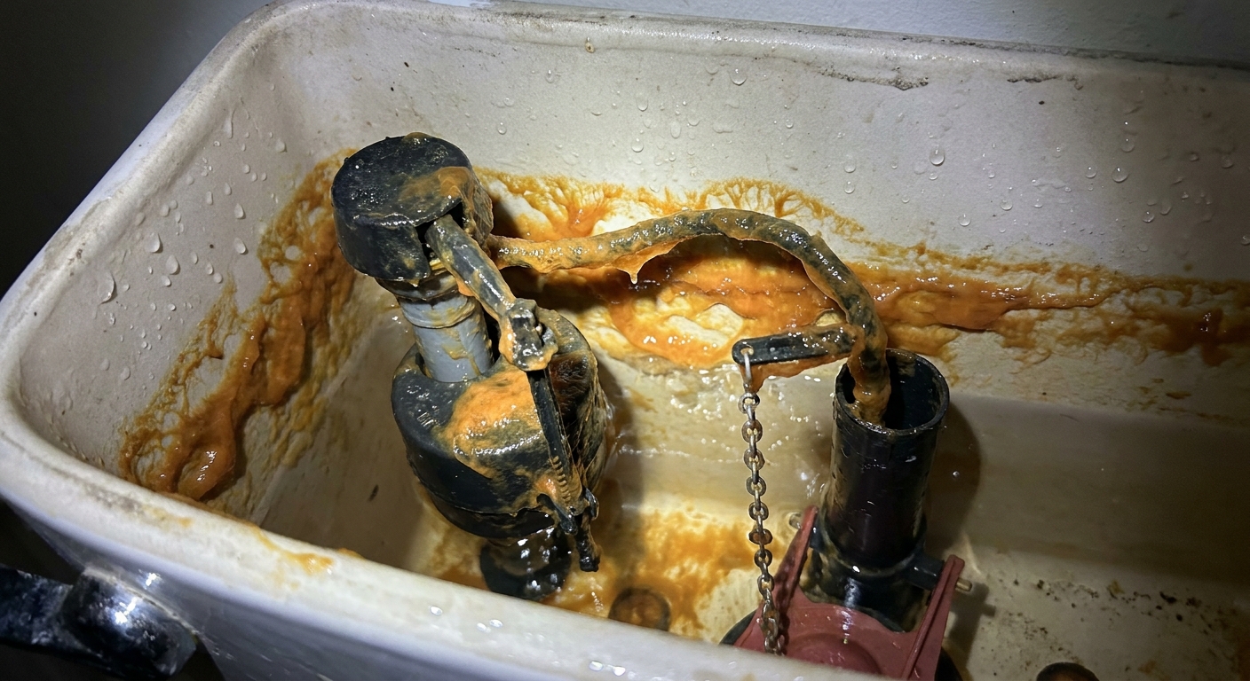 A close-up photo of orange-brown slimy buildup coating the inside of a residential toilet tank, showing stringy bacterial slime on wet surfaces