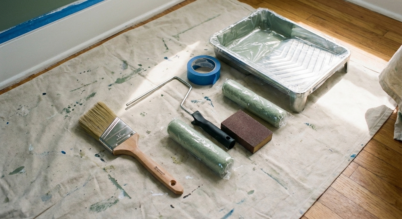 A close-up photo of painting tools laid out on a floor, including an angled brush, roller frame, roller covers, painter's tape, sanding sponge, and a paint tray