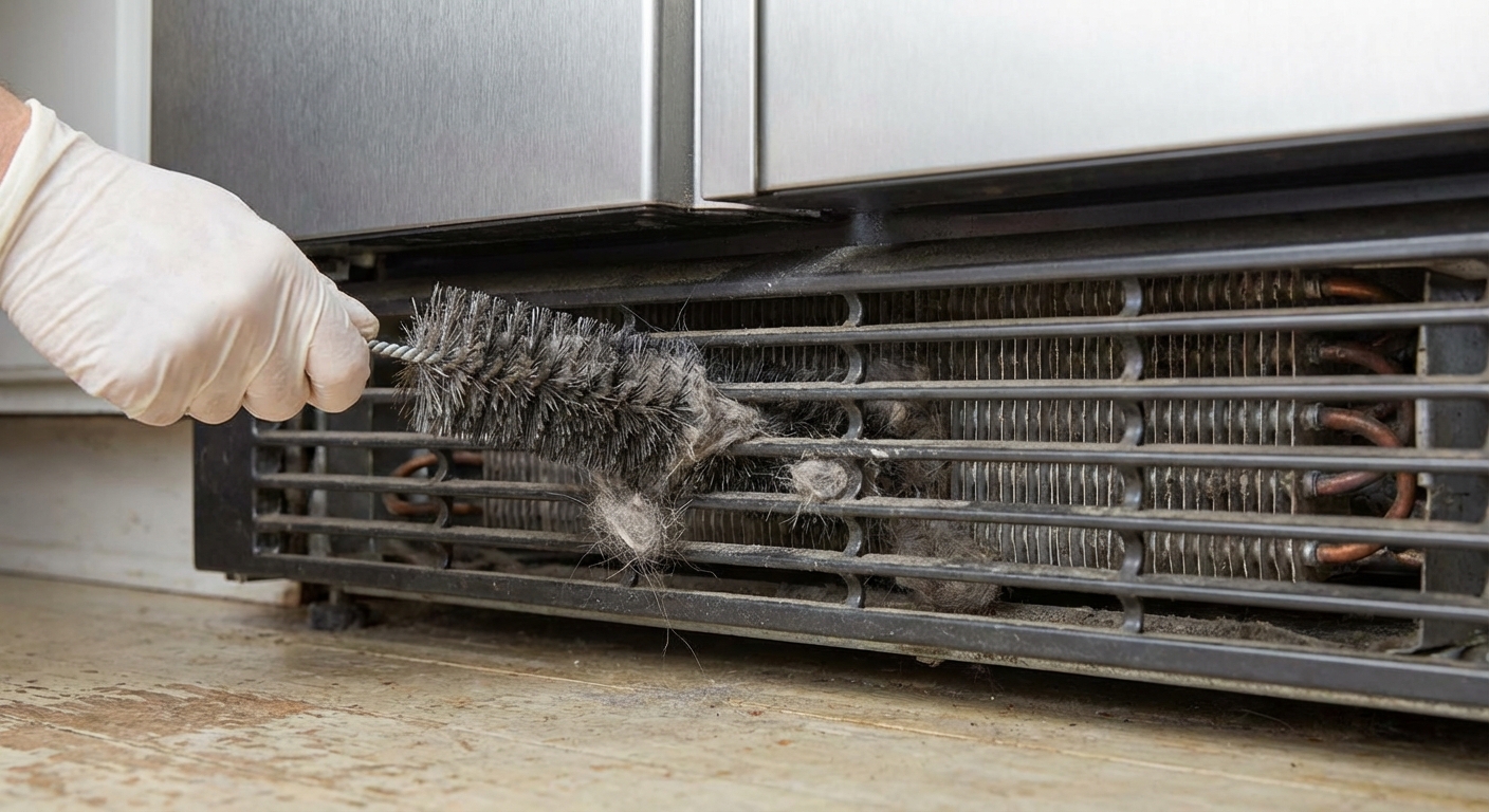A close-up photo of refrigerator condenser coils behind a lower front grille with a hand using a coil brush to remove dust and pet hair, realistic home maintenance scene