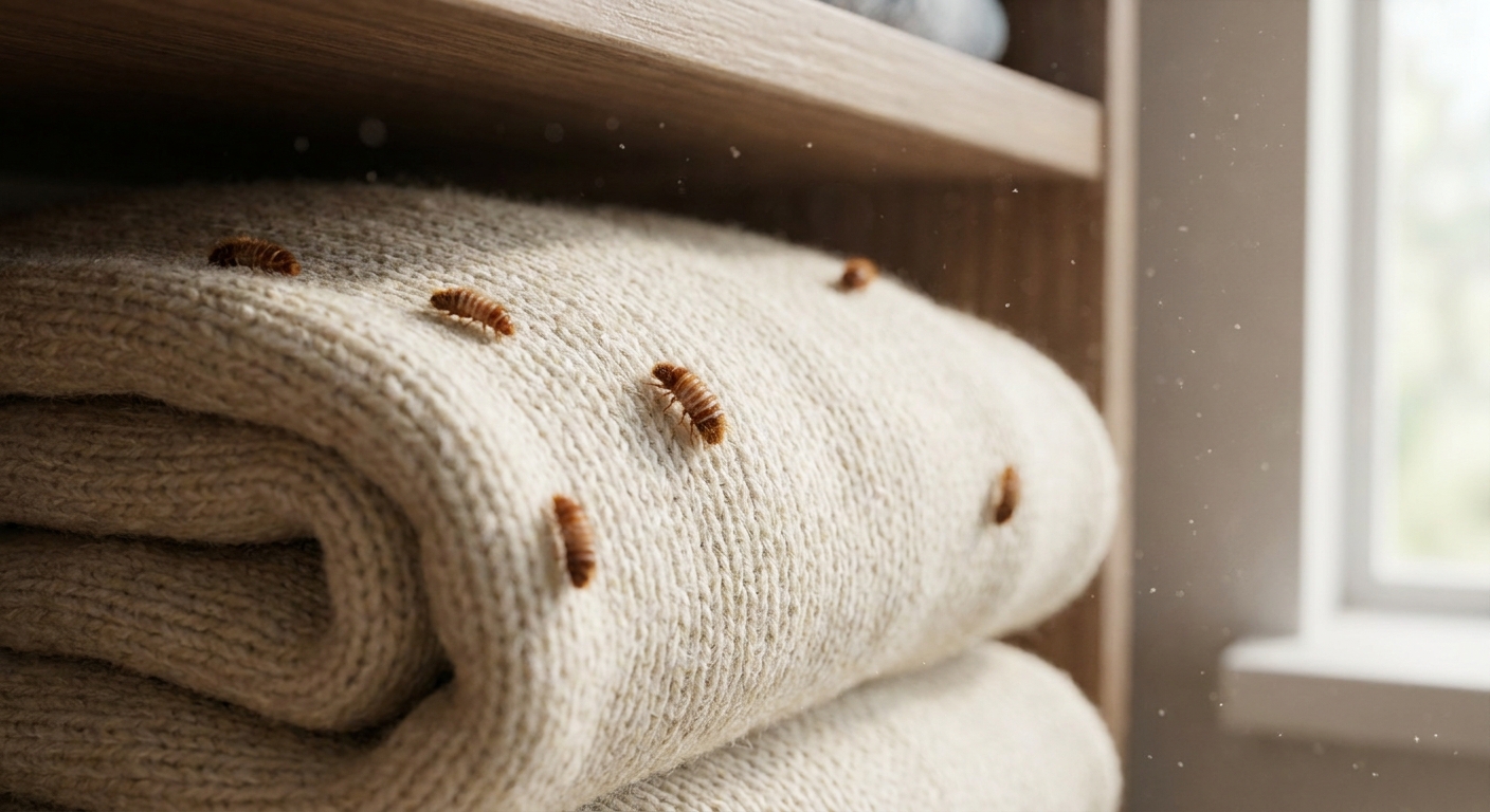 A close-up photo of small brown carpet beetle larvae crawling on a folded wool sweater on a closet shelf, natural indoor lighting