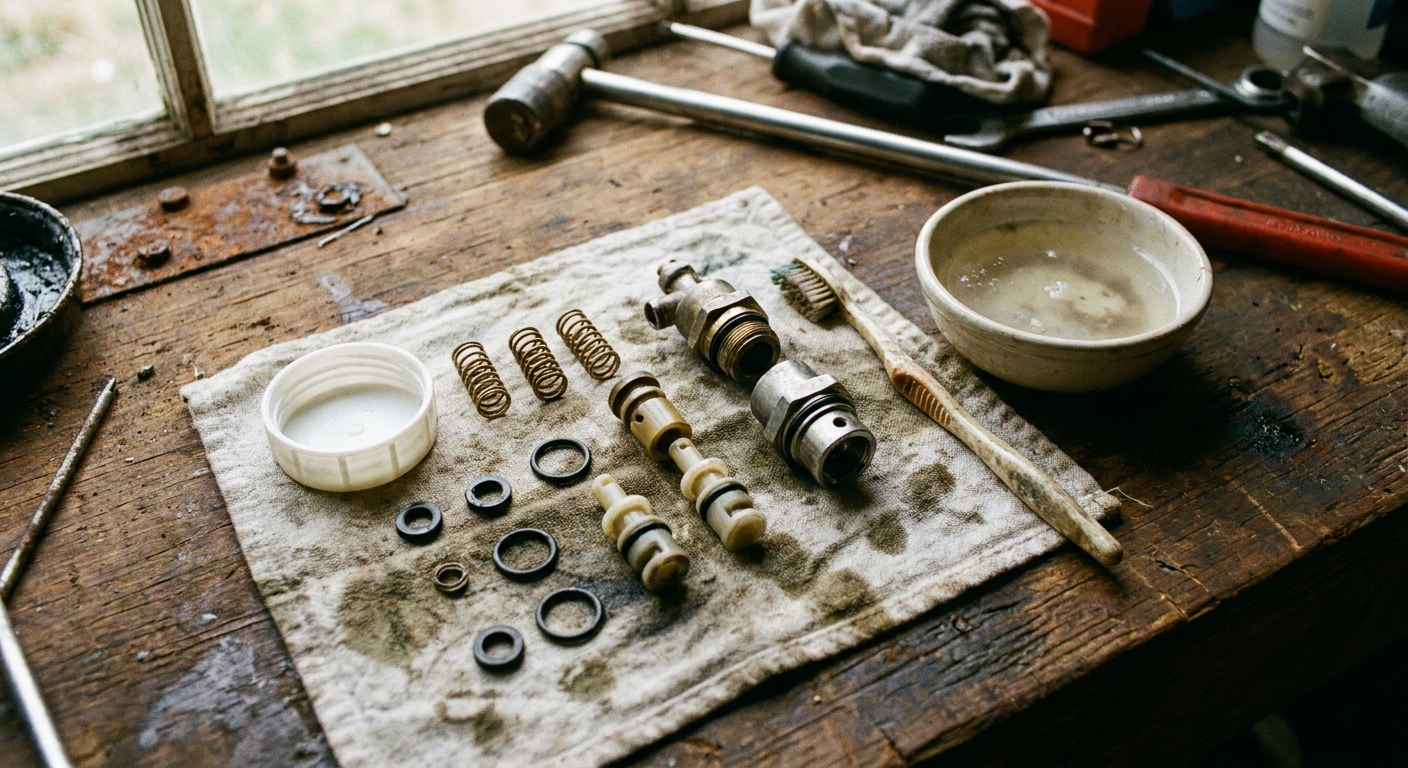 A close-up photo of small vacuum breaker parts and a plastic cap laid out on a rag next to a toothbrush and a small bowl of vinegar on a workbench