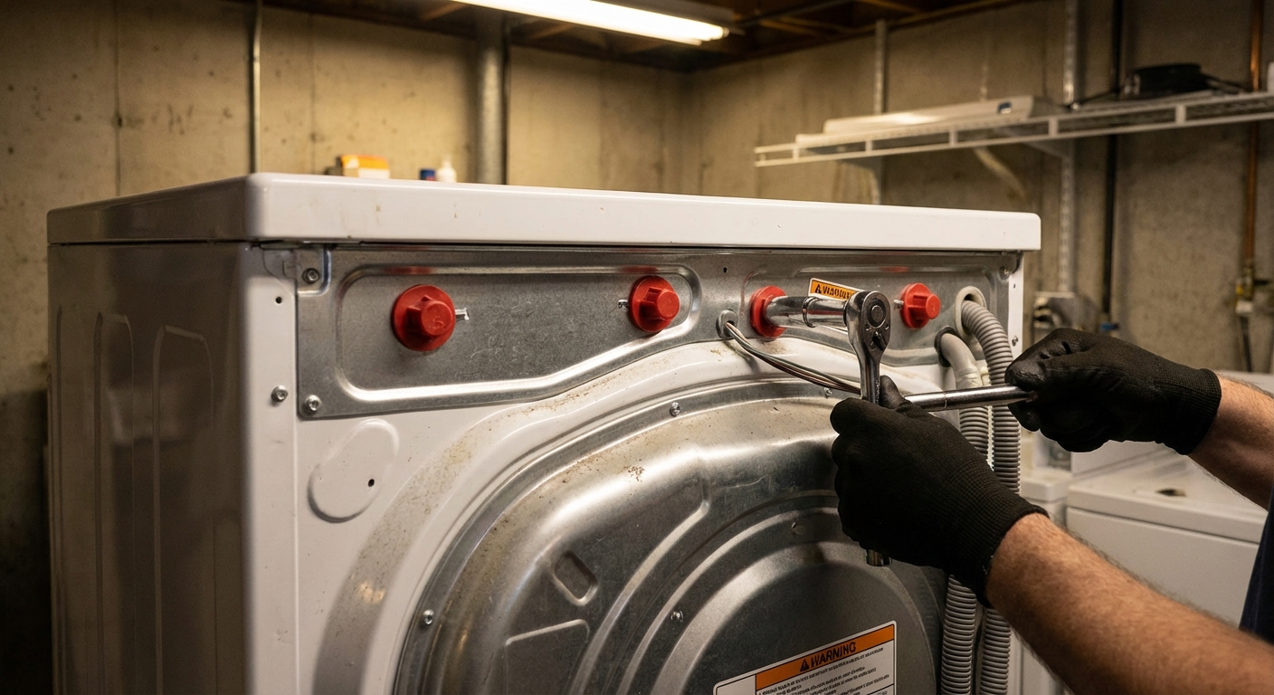 A close-up photo of the back of a front-load washing machine with a person using a socket wrench to remove a shipping bolt, indoor laundry room lighting, photorealistic