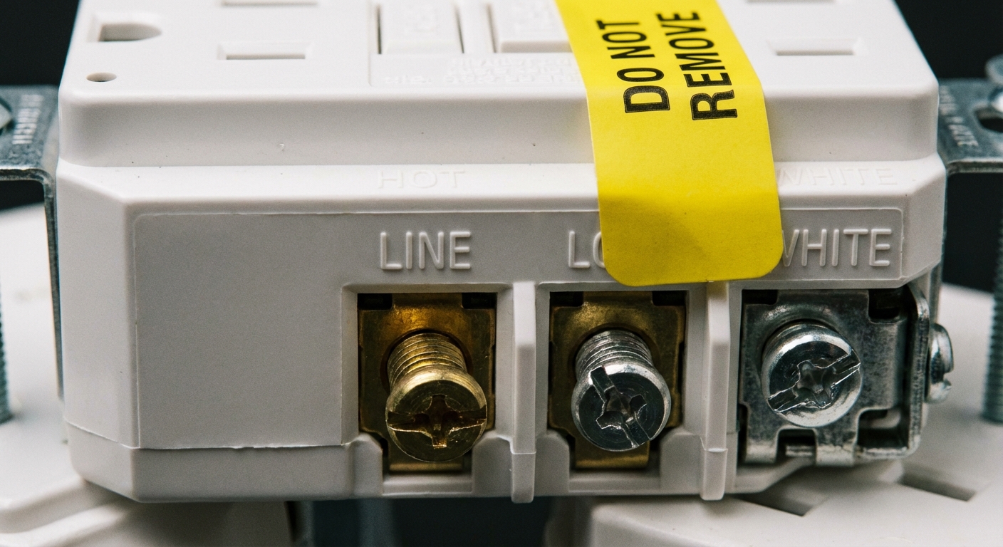A close-up photo of the back of a white GFCI receptacle showing the LINE and LOAD labels near the terminal screws, realistic product photo