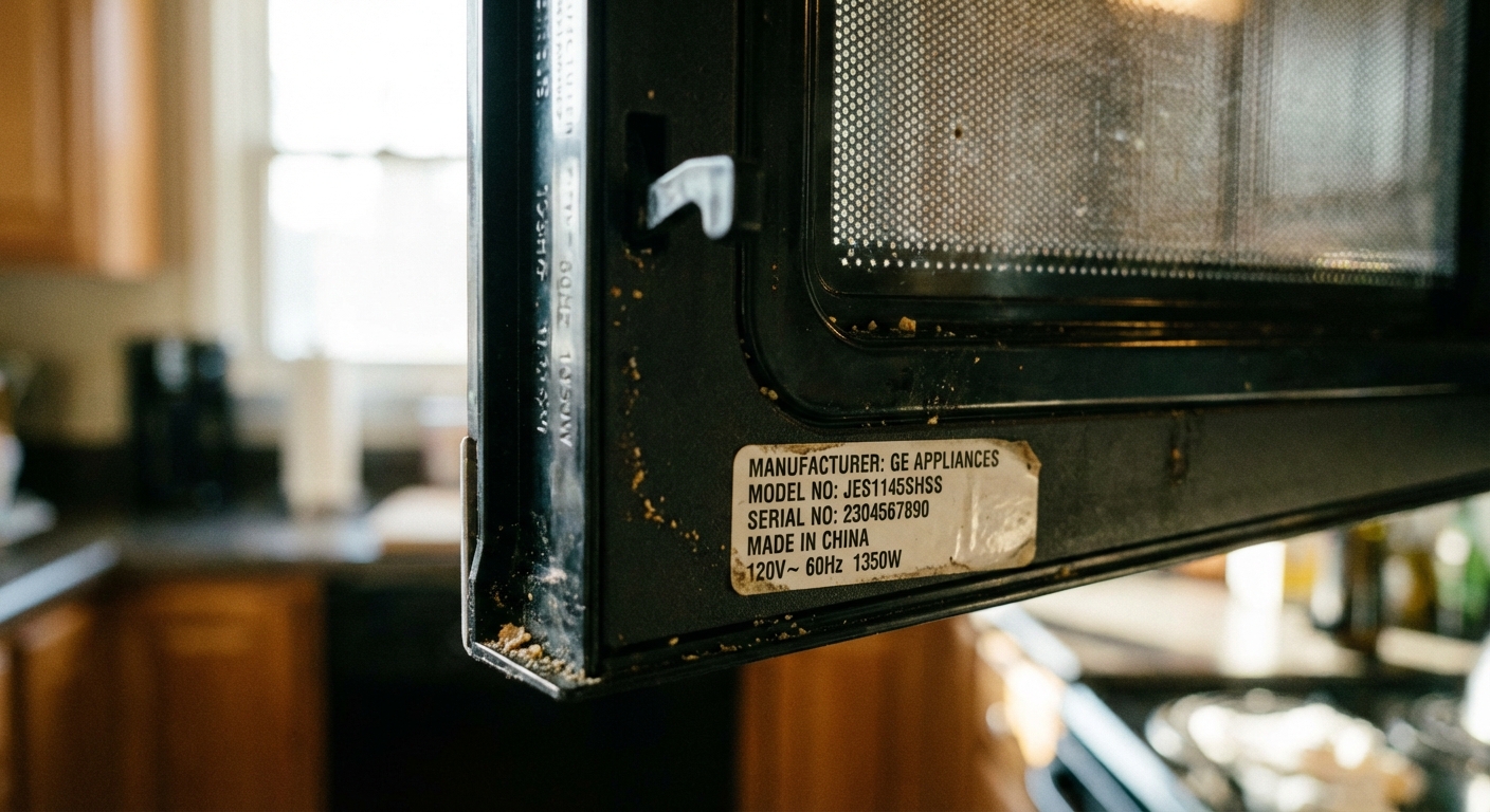 A close-up photo of the inside edge of a microwave door frame showing the manufacturer model and serial number sticker, shot in a real kitchen with natural light
