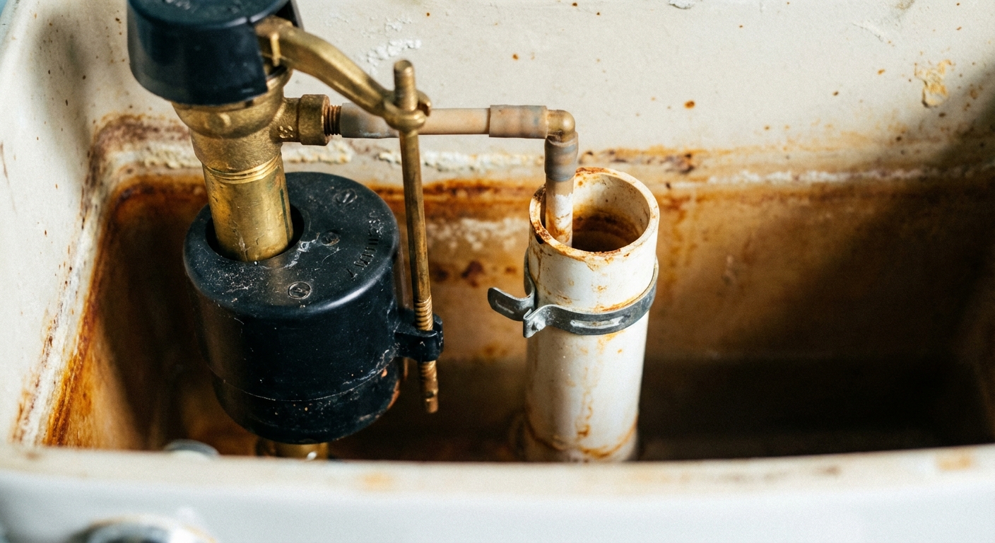A close-up photo of the inside of a toilet tank showing the fill valve assembly on the left, the float mechanism, and the refill tube clipped to the overflow tube, shot in natural bathroom light