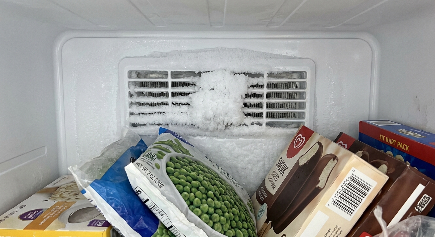 A close-up photo of the inside rear wall of a freezer showing an air vent area partially covered with white frost buildup, with a few food packages placed too close to the vent