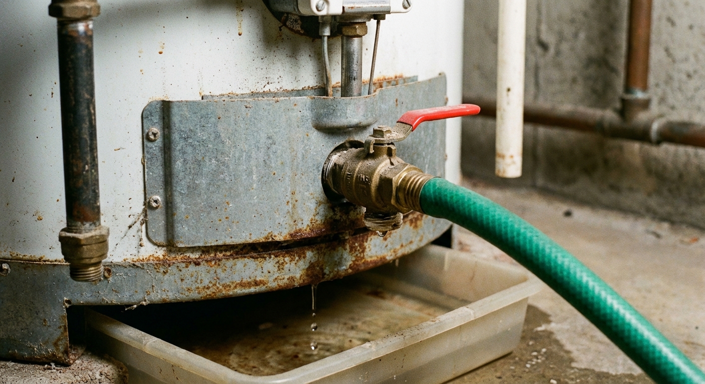 A close-up photo of the lower portion of a water heater with a garden hose connected to the drain valve
