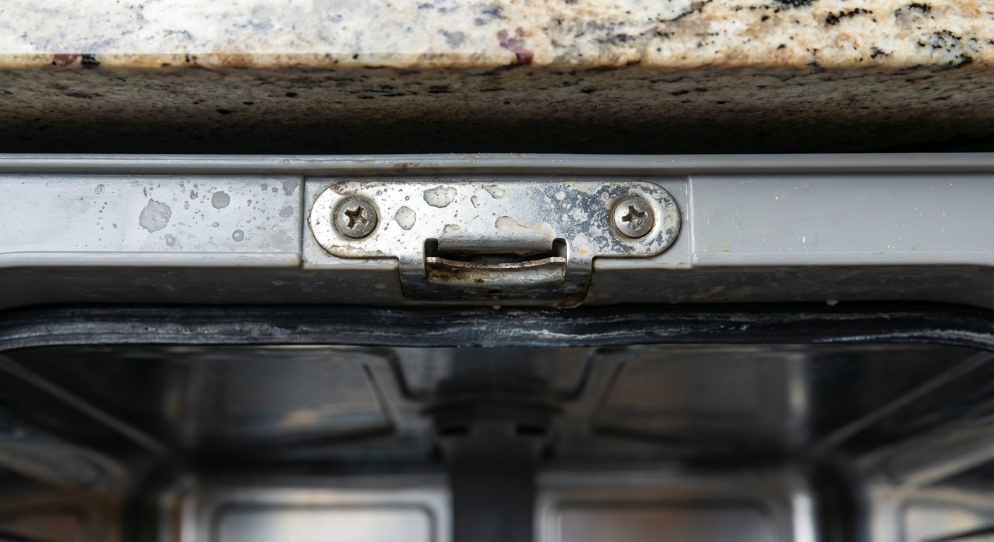 A close-up photo of the top center frame of a dishwasher tub showing the metal strike plate and screw heads, with the door open under a kitchen countertop