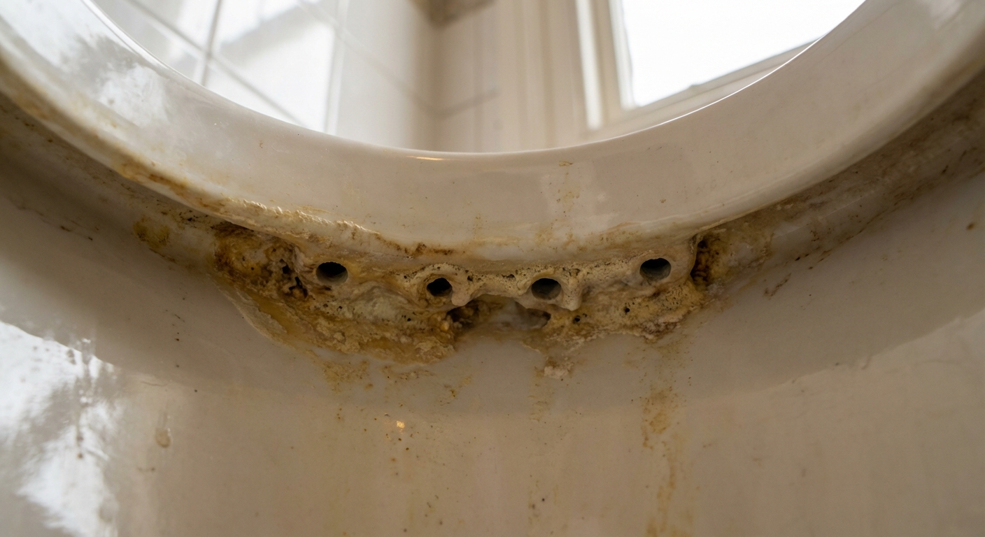 A close-up photo of the underside of a toilet bowl rim showing small rim jet holes with visible mineral buildup, shot in a real bathroom with natural light
