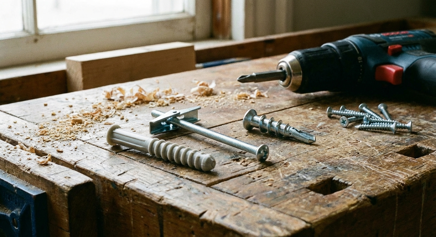 A close-up photo of three drywall anchors on a workbench next to a drill and screws