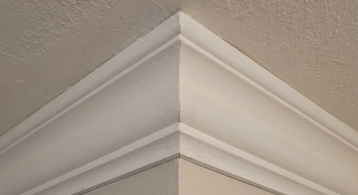 A close-up photo of two crown molding pieces meeting at an outside corner near a ceiling, the miter joint tight and clean, soft indoor lighting, photorealistic