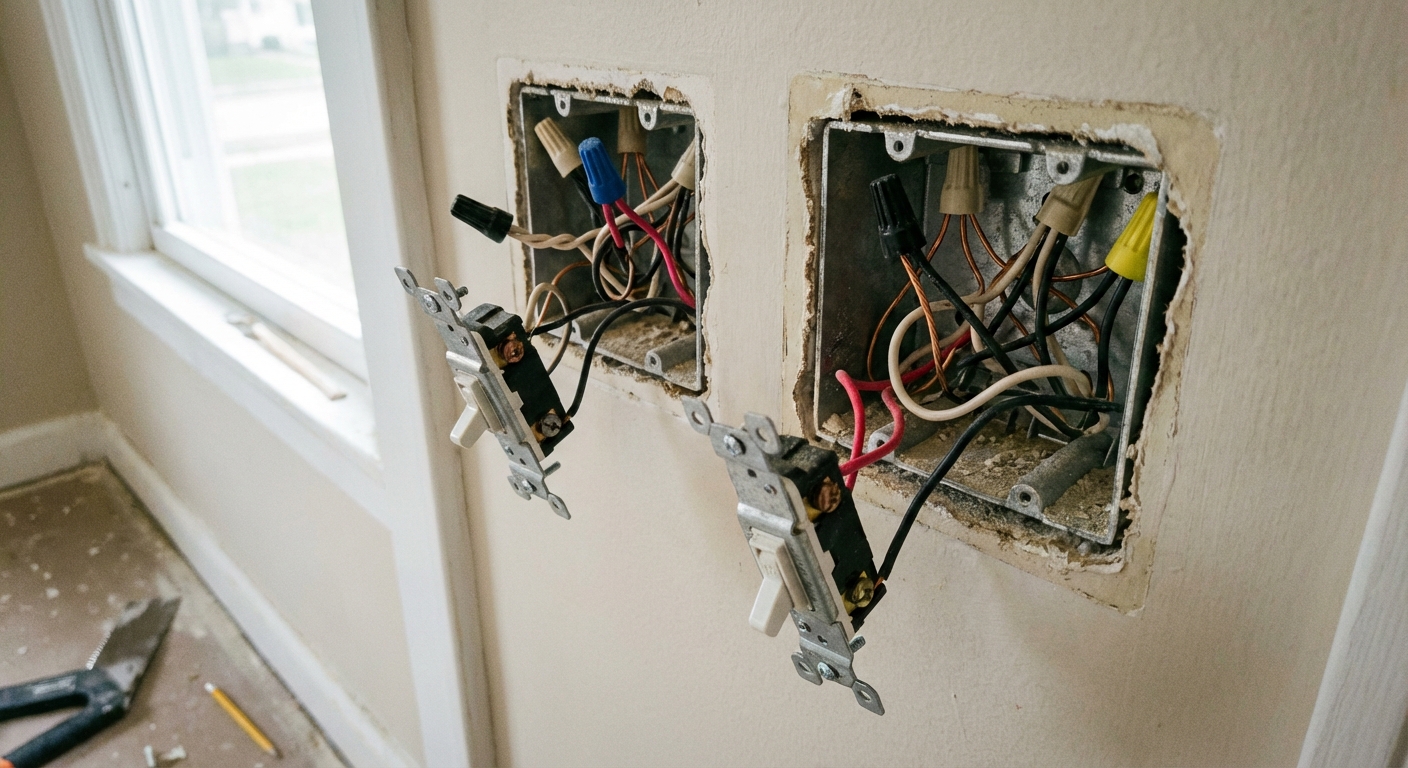 A close-up photo of two open electrical switch boxes in a hallway wall with three-way switches pulled forward, showing black, white, red, and bare copper wires neatly separated and capped where appropriate, natural indoor lighting, realistic home renovation scene