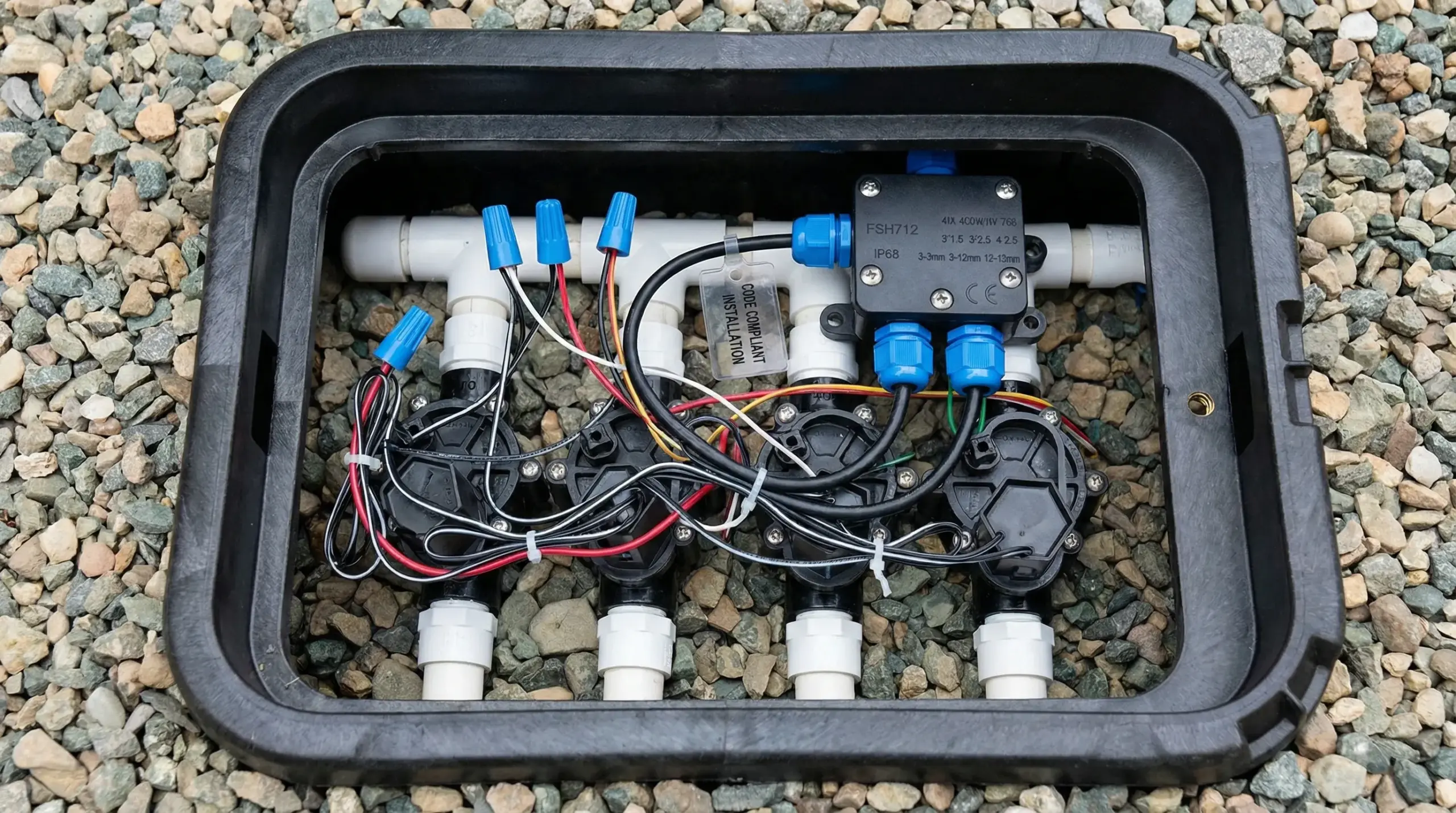 A close-up photo of waterproof wire connectors and irrigation control wires inside a damp valve box with soil around the edges