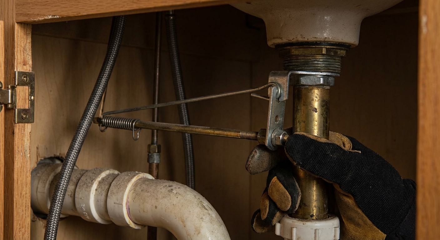 A close-up photo under a bathroom sink showing the pop-up stopper linkage and pivot rod connected to the drain pipe, with a hand loosening the pivot nut, photorealistic