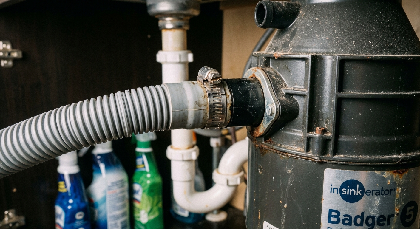 A close-up photo under a kitchen sink showing a dishwasher drain hose clamped to a garbage disposal inlet fitting
