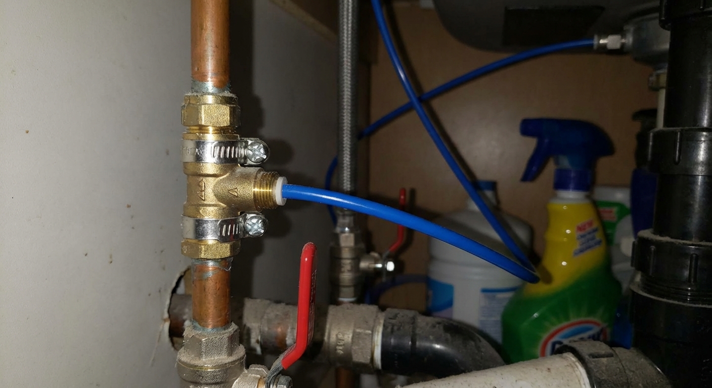 A close up photo under a kitchen sink showing a reverse osmosis feed valve connected to the cold water line with the small tubing outlet visible