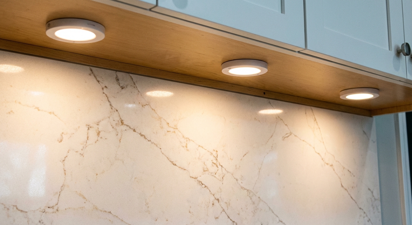 A close-up photo under a kitchen wall cabinet showing three small round puck lights installed evenly, with soft warm light on a white quartz countertop
