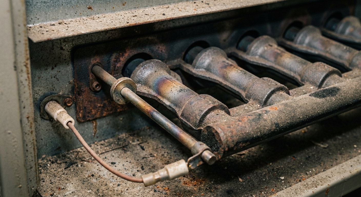 A close-up photograph inside a gas furnace burner compartment showing a flame sensor rod mounted next to the burners with a single wire connector attached, photorealistic