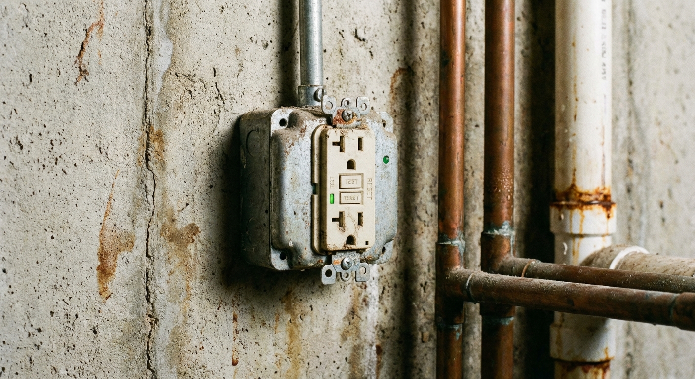 A close-up photograph of a basement GFCI electrical outlet with test and reset buttons, mounted on a concrete wall near plumbing