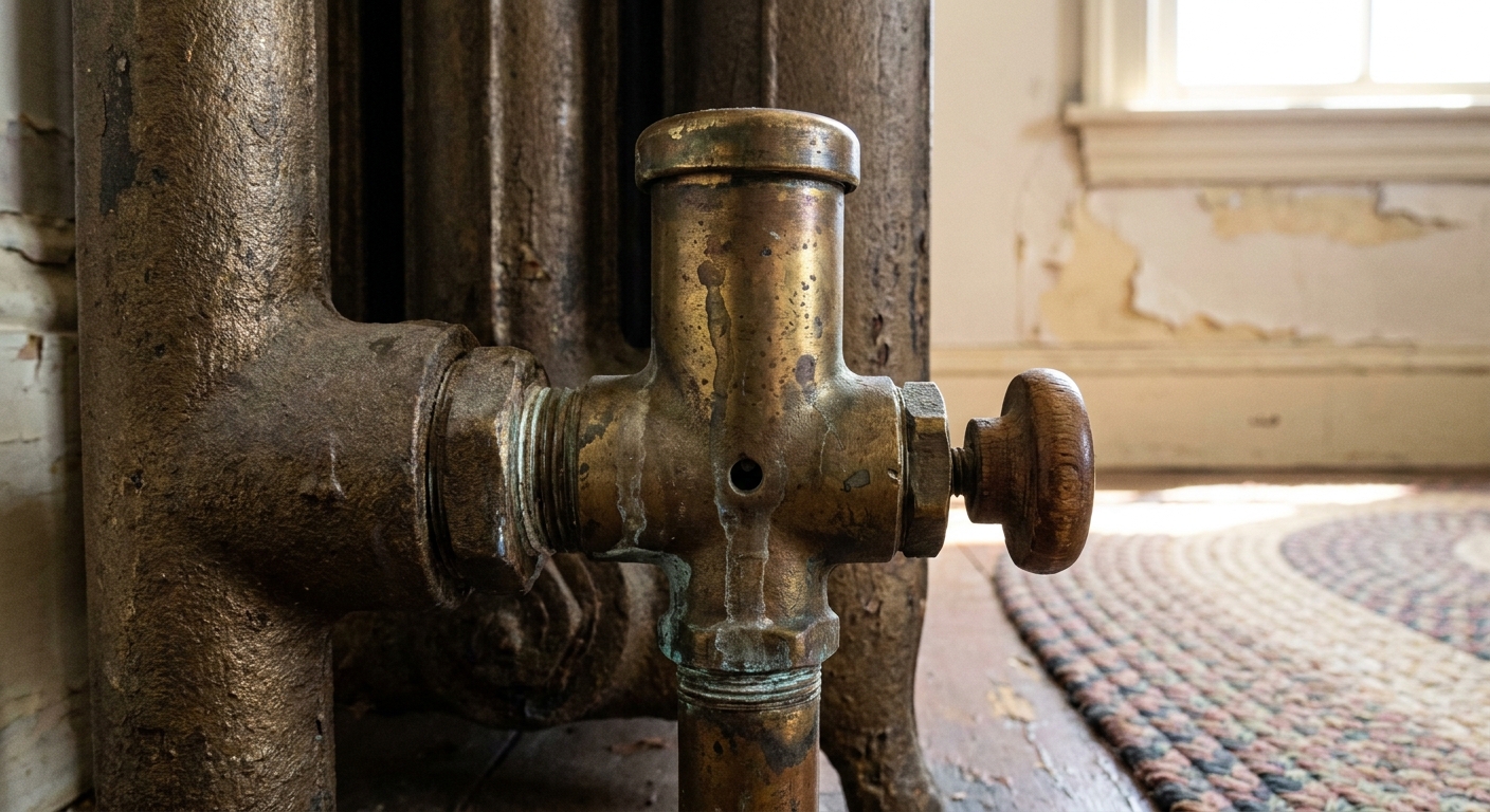 A close up photograph of a brass steam radiator air vent threaded into the side of a cast iron radiator, with a small vent hole visible, indoor home setting