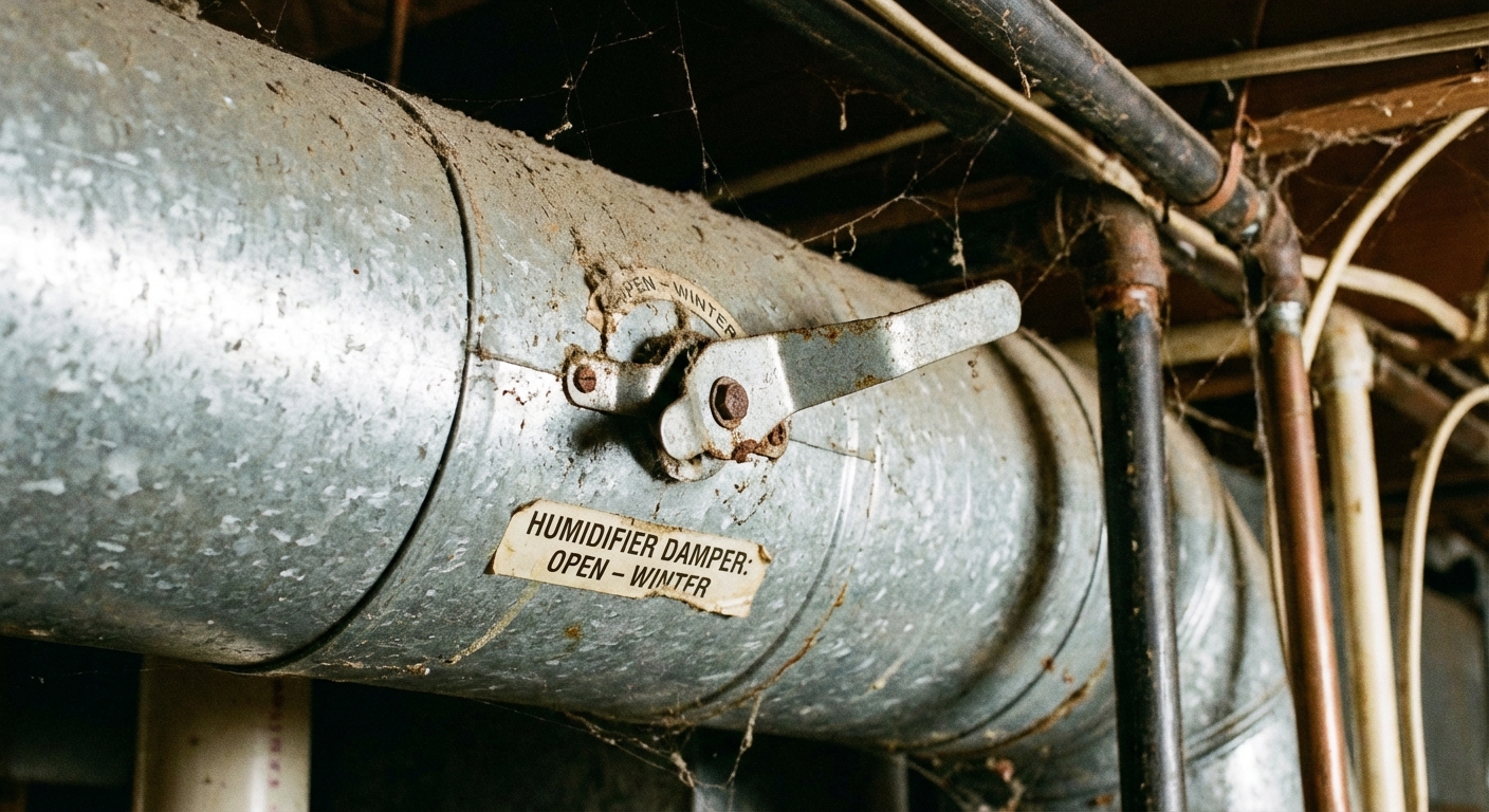 A close-up photograph of a bypass humidifier damper lever on a round duct showing the lever in the open position in a basement