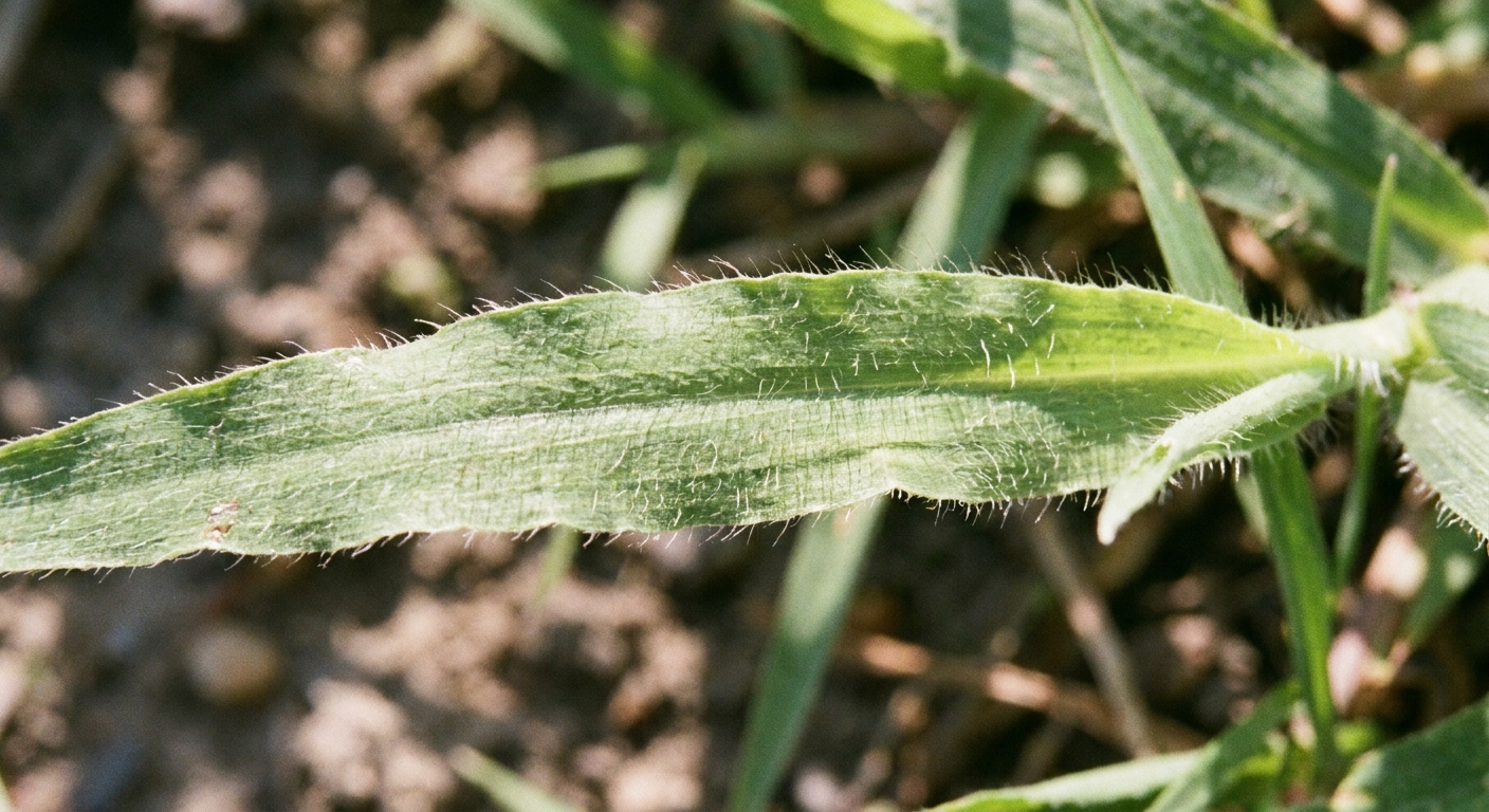 A close-up photograph of a crabgrass leaf blade with visible fine hairs along the surface and edges