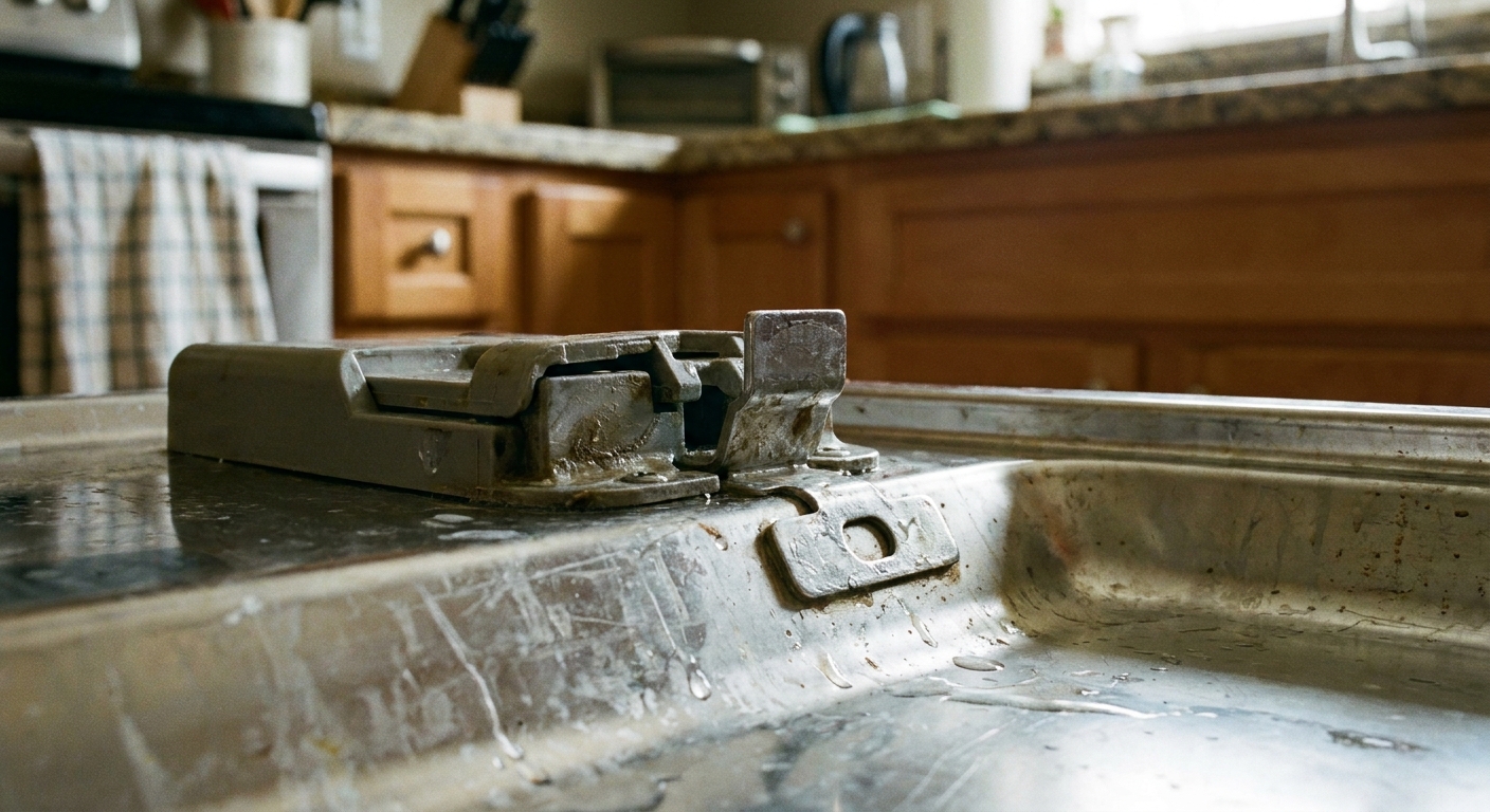 A close-up photograph of a dishwasher door latch mechanism and the strike plate on the tub rim in a home kitchen
