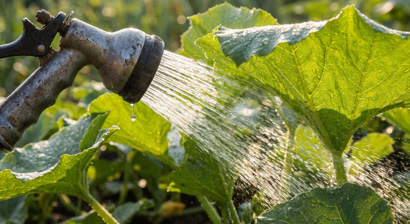 A close-up photograph of a garden hose nozzle blasting water onto the underside of a leafy outdoor vegetable plant