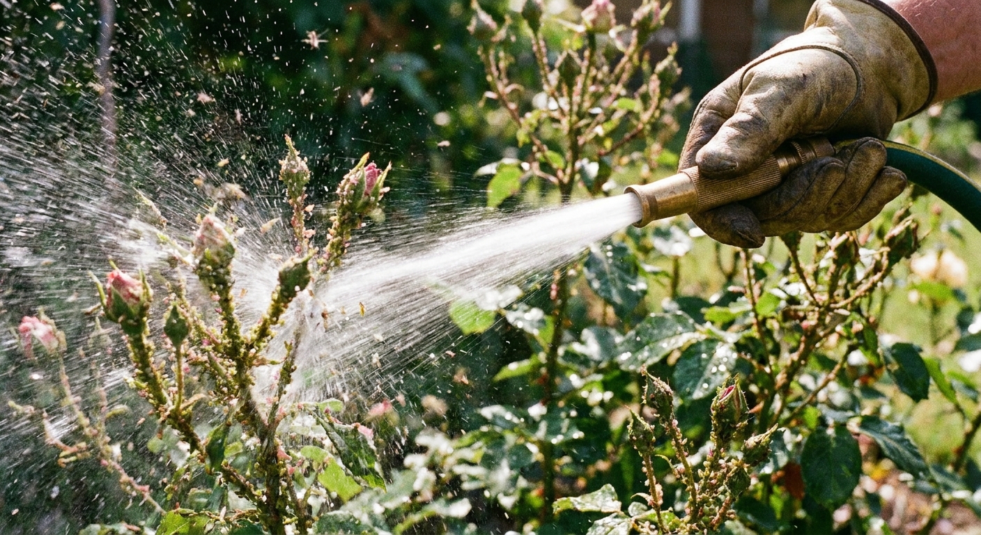 A close-up photograph of a gardener spraying a strong stream of water from a hose nozzle onto aphid-covered rose stems and buds in an outdoor garden