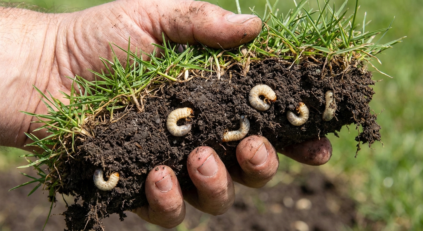 A close-up photograph of a hand holding a peeled-back piece of sod with several white C-shaped lawn grubs visible in the soil underneath, outdoor natural light