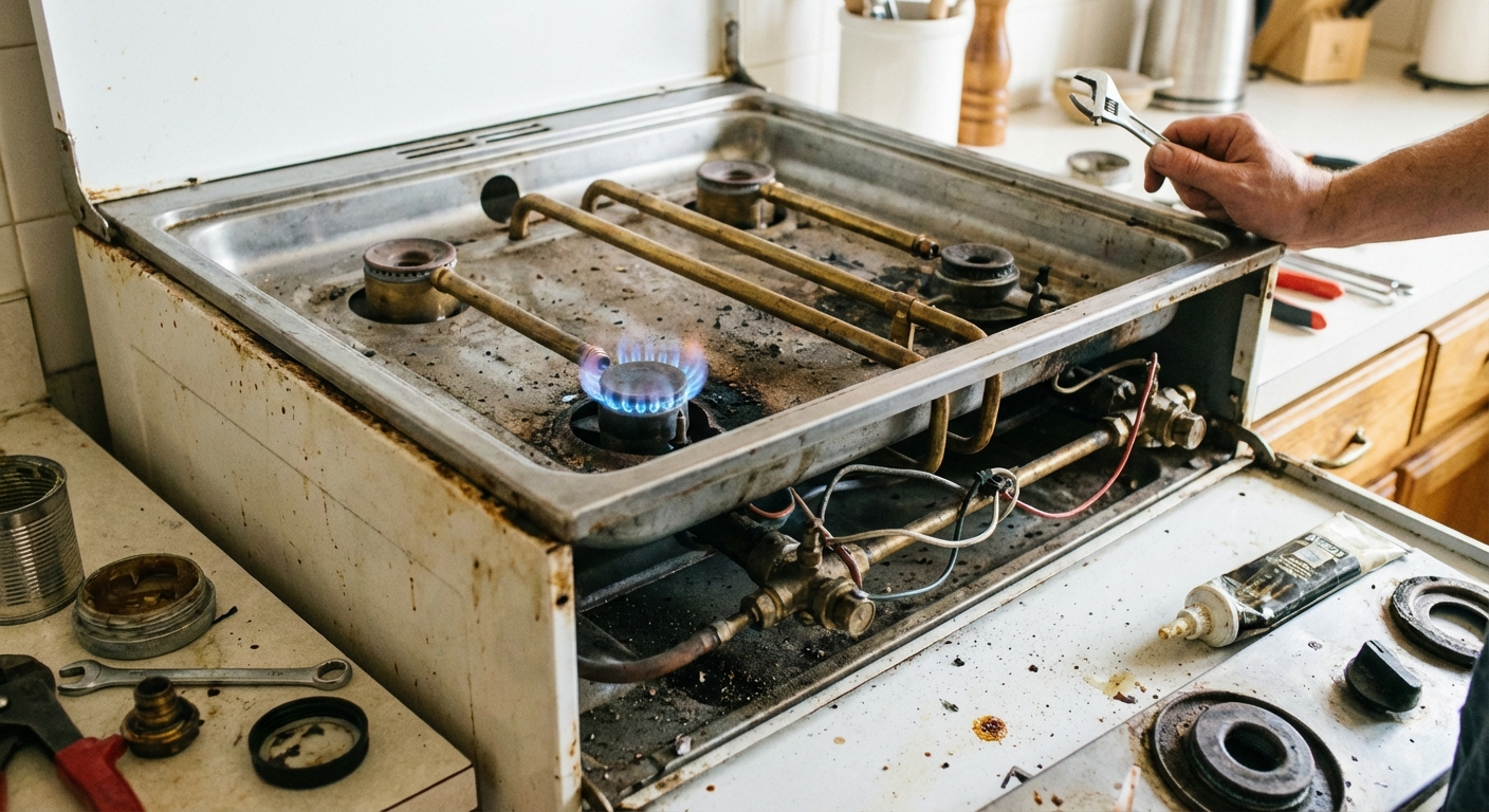 A close-up photograph of a home gas range with the front panel removed, showing the small pilot flame area and burner tubes in a well-lit kitchen, realistic repair scene