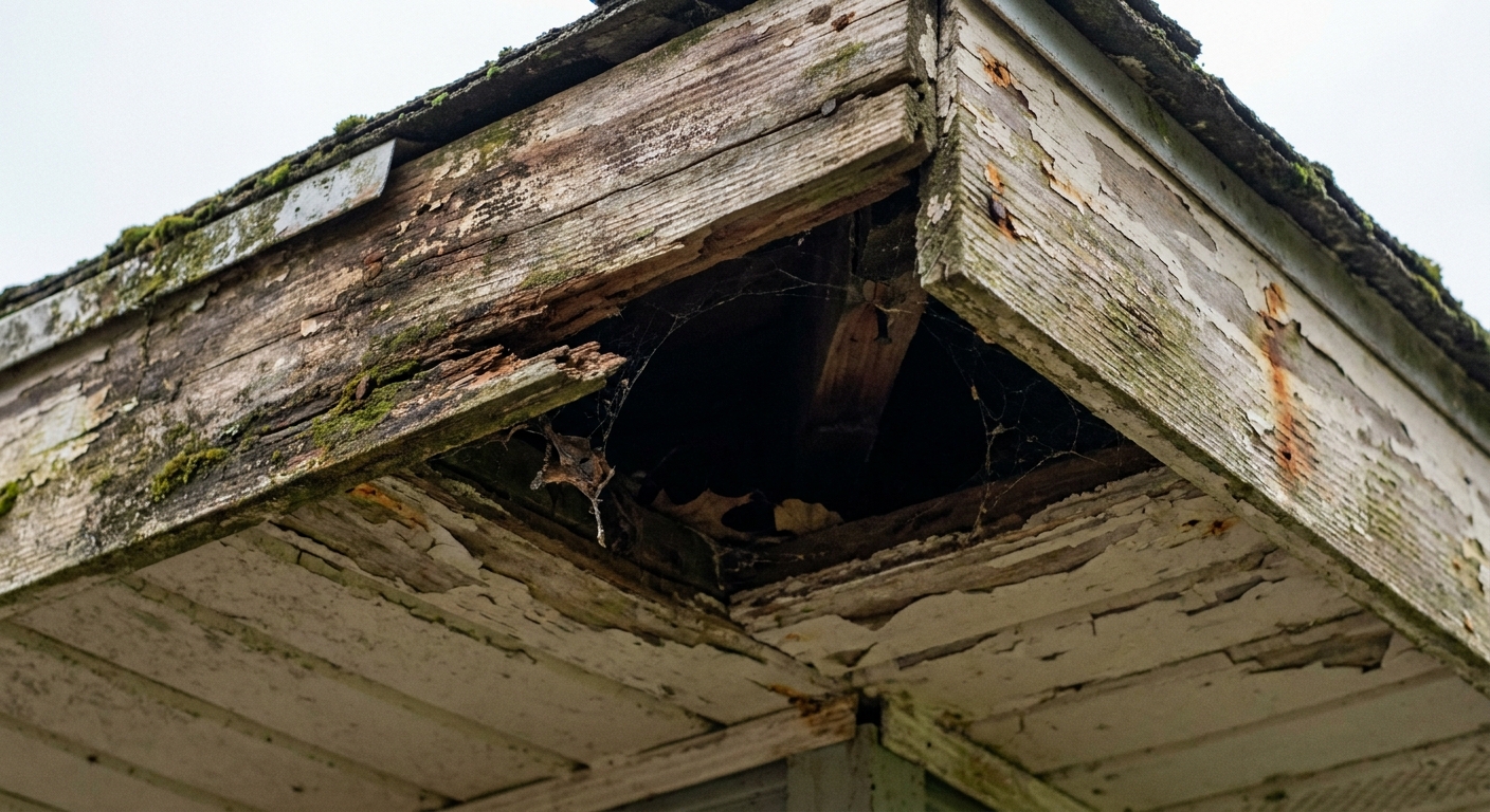 A close-up photograph of a house roof edge showing a small gap between fascia and soffit near a corner, with weathered wood and shadows inside the opening