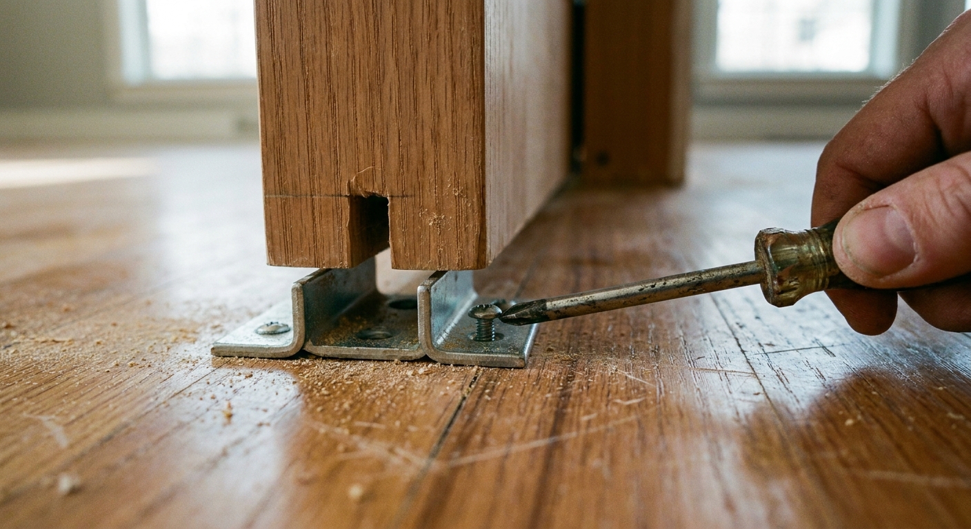 A close-up photograph of a pocket door bottom guide at the floor, with a screwdriver tightening the guide screws next to the door edge