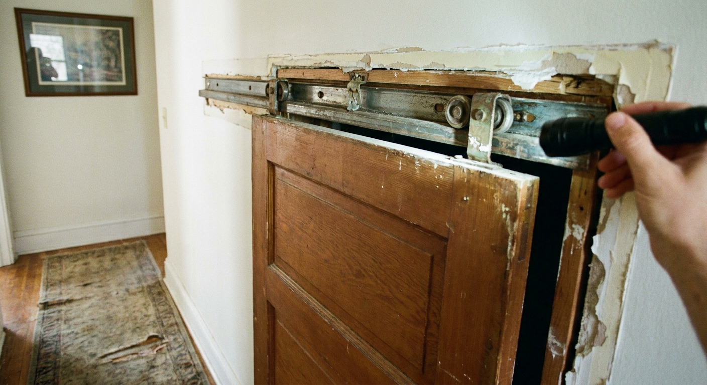 A close-up photograph of a pocket door partially pulled out of the wall opening, showing the top edge and exposed roller hardware being inspected in a residential hallway