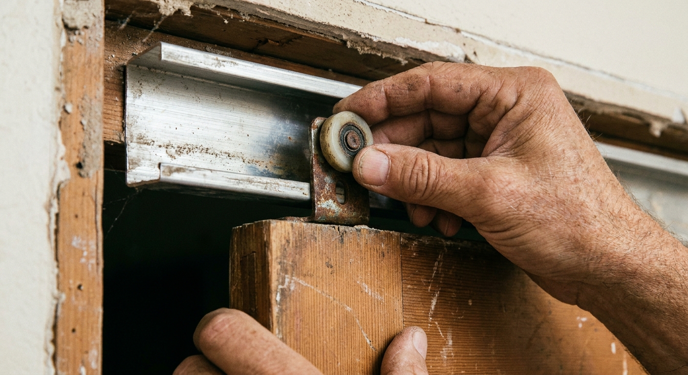 A close-up photograph of a pocket door top roller wheel being guided back into the metal track channel with a hand supporting the door