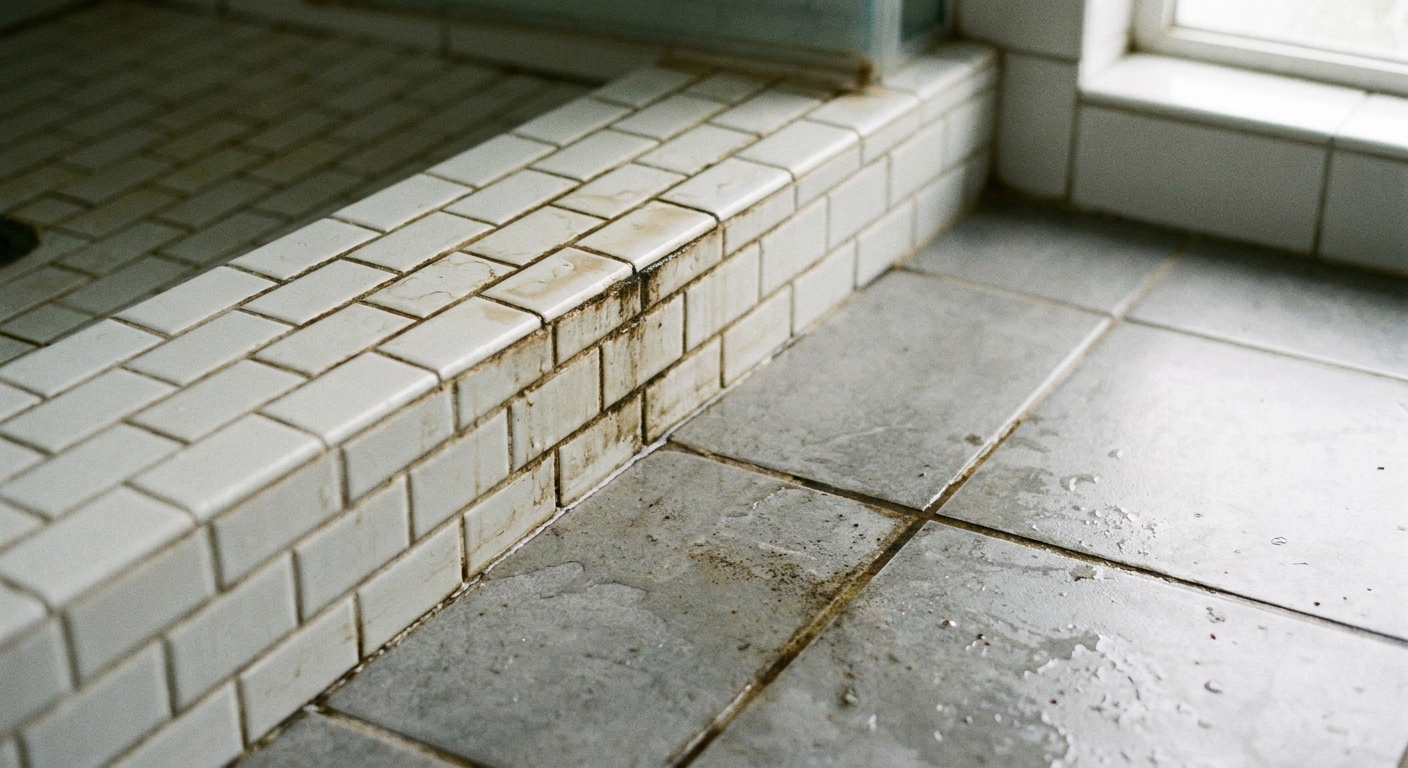 A close-up photograph of a tiled shower curb and the bathroom floor outside it, showing darkened grout and a damp edge where water has been escaping