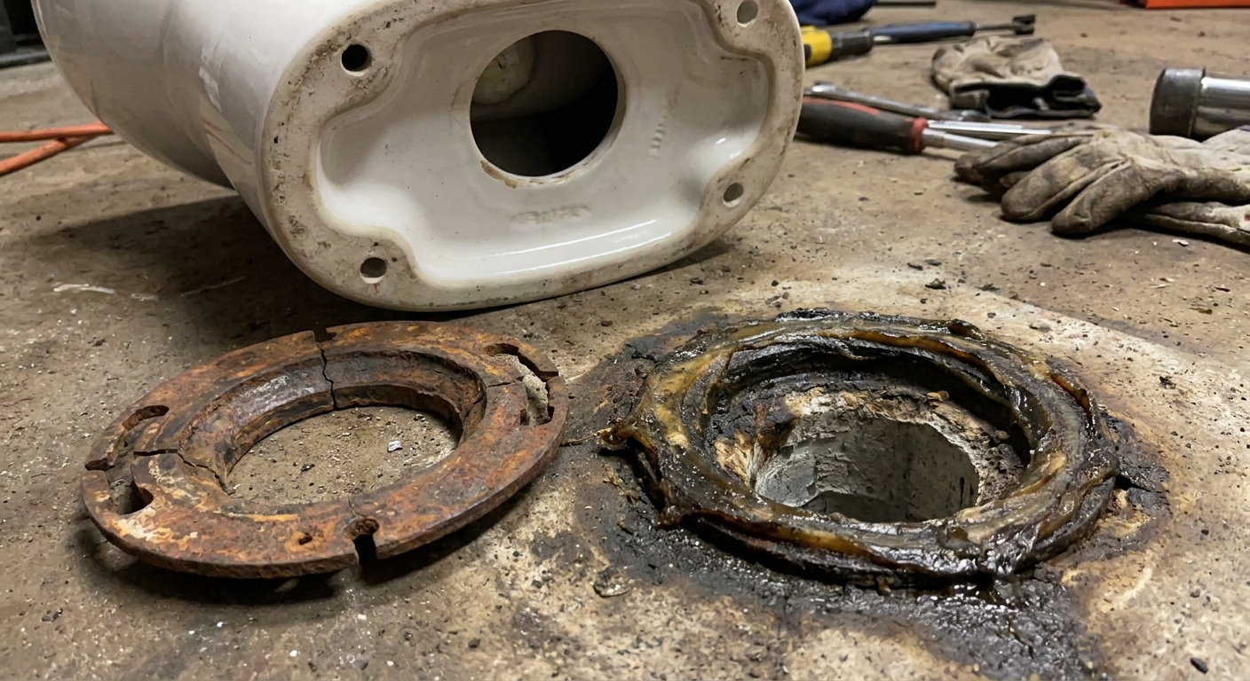 A close-up photograph of a toilet removed from a bathroom, showing a cracked closet flange and old wax residue around the drain opening