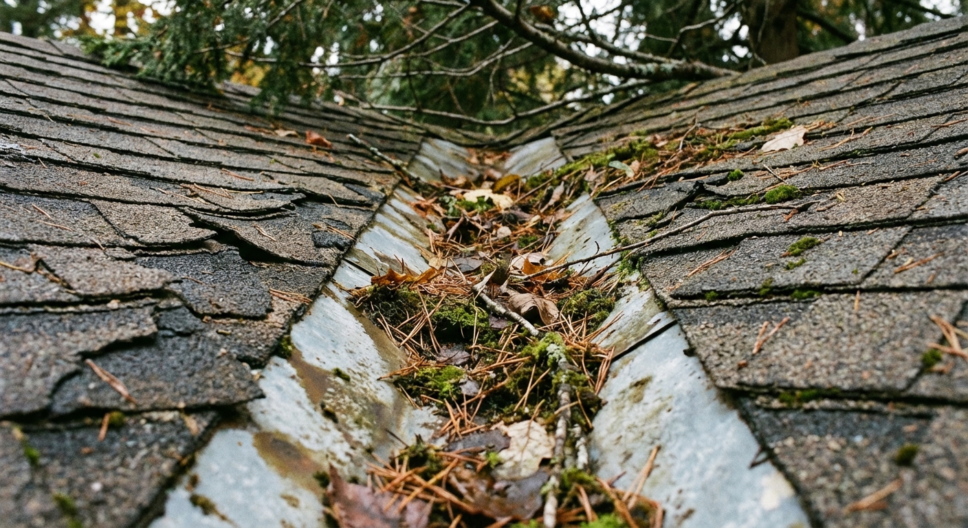 A close-up photograph of an asphalt shingle roof valley with debris buildup and worn shingles along the valley channel