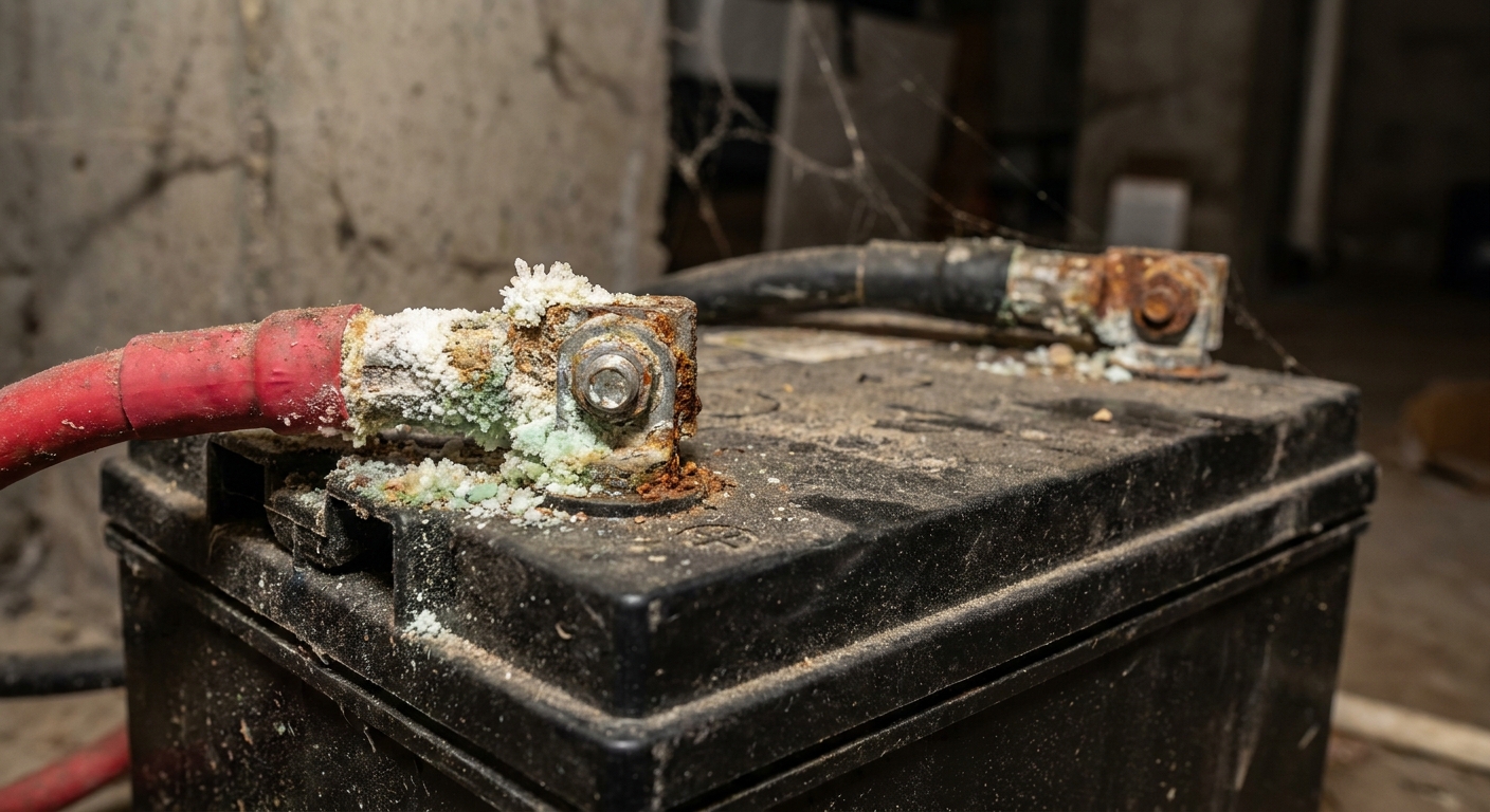 A close-up photograph of corroded battery terminals on a basement sump pump backup battery with white and green corrosion buildup around the cable ends